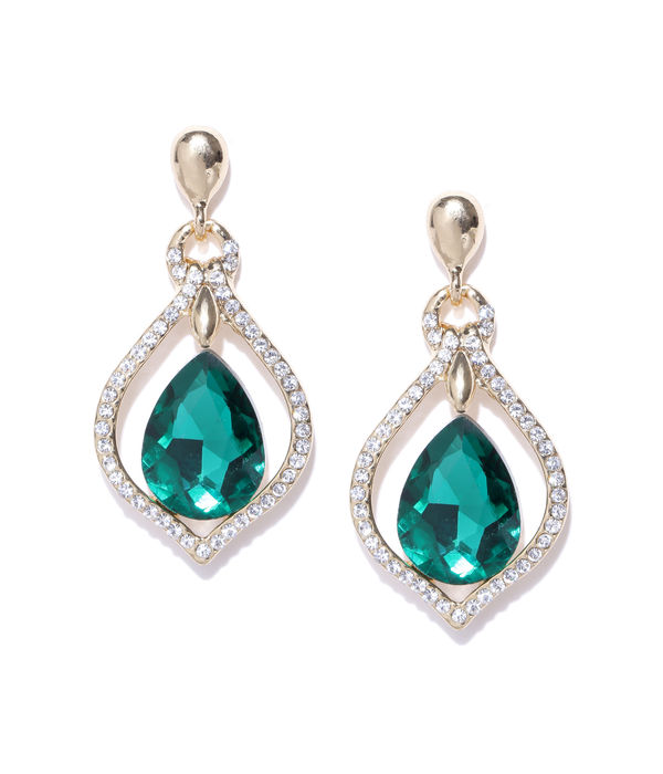 YouBella Off-White  Green Gold-Plated Teardrop Shaped Drop Earrings